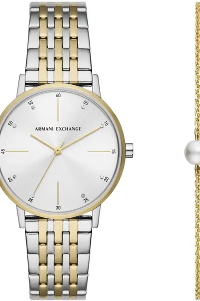 Image of Armani Exchange Jewellery Ladies Armani Exchange Three-Hand Two-Tone Stainless Steel and Bracelet Set Watch AX7156SET