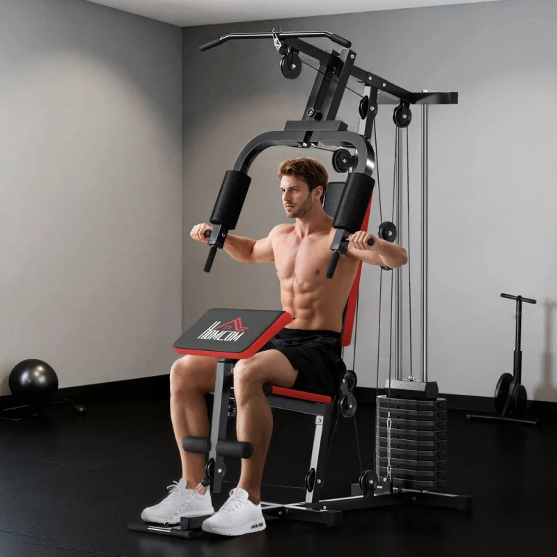 Image of HOMCOM Multi Home Gym Machine with 65kg Weights for Strength Training Black Size: 135cm Black Unisex 135 cm