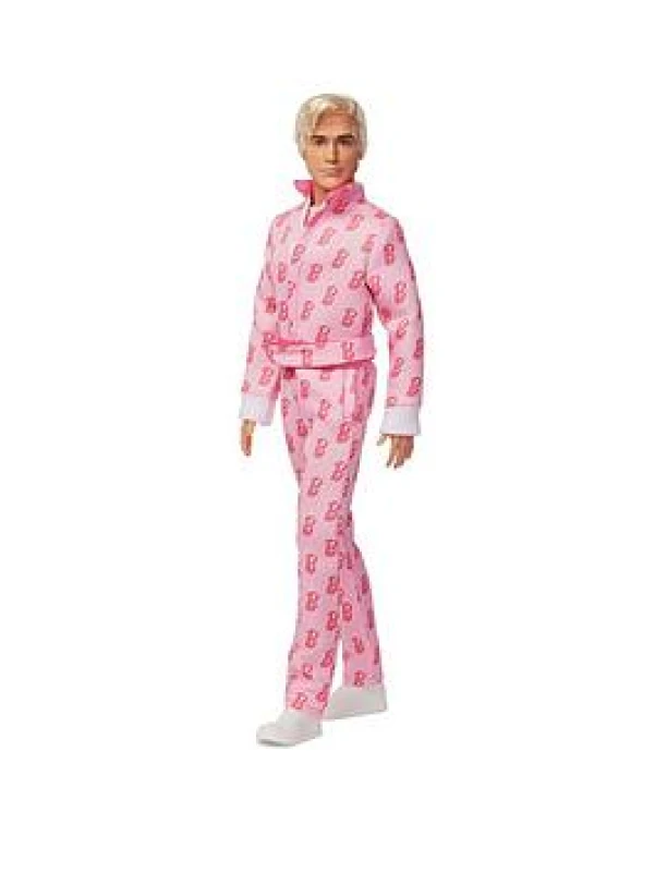 Image of Barbie The Movie Ken Collectible Doll Ryan Gosling as Ken Wearing Pink Jumpsuit with “B Detail With White Sneakers and MultiColor Roller Skates JCP8