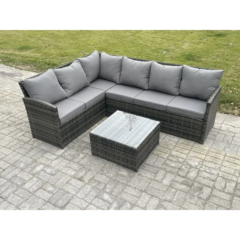 Image of Fimous 6 Seater Outdoor Garden Furniture Set Wicker PE Rattan Corner Sofa Set with Square Coffee Table Dark Grey Mixed Dark Grey