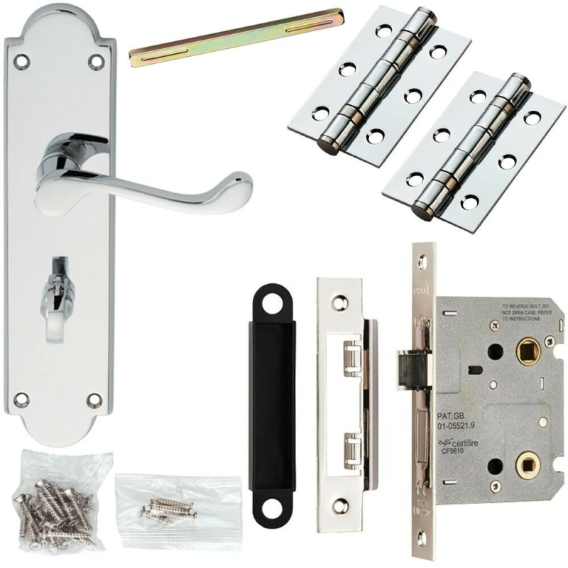Image of Loops Door Handle & Bathroom Lock Pack Chrome Victorian Scroll 205 x 49mm Backplate Multi