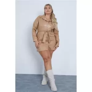 Image of I Saw It First Stone Plus Size Self Belt Pu Shirt Dress - Brown