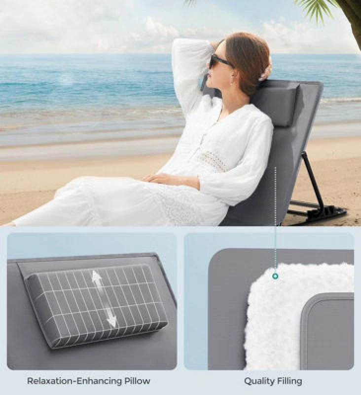 Image of Songmics Set Of 2 Deck Beach Chairs Mats, Adjustable Backrest, Lightweight And Easy To Carry, For Camping Garden Pool, Slate Grey