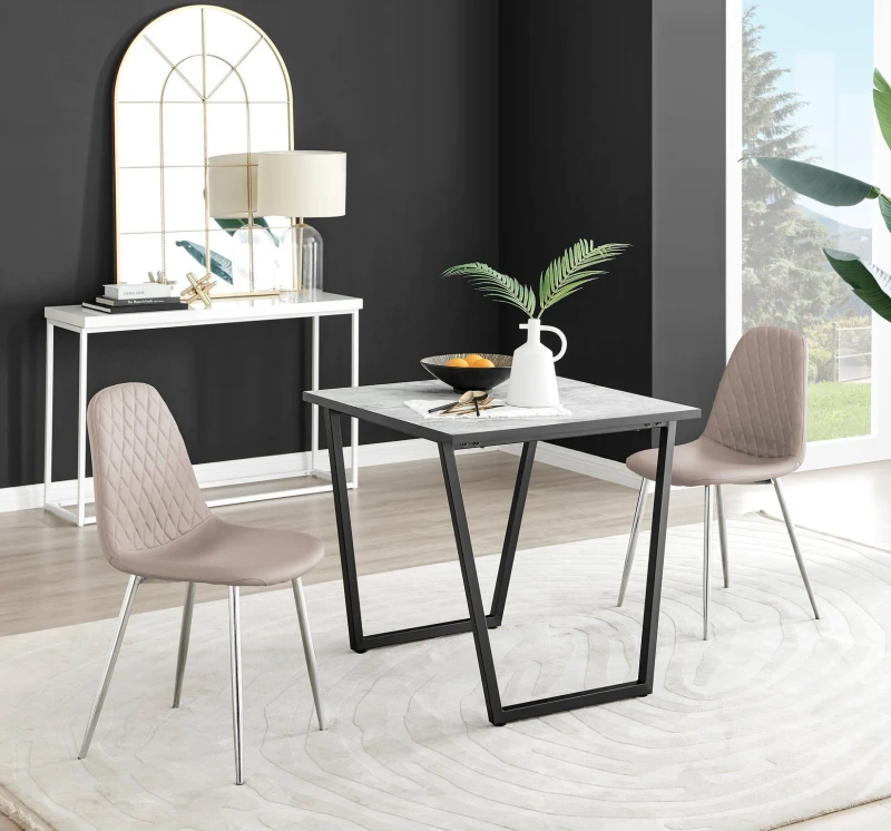Image of FurnitureboxUK FurnitureboxUK Carson White Marble Effect Square Dining Table & 2 Faux Leather Corona Silver Chairs in Beige Beige One Size Unisex 5056