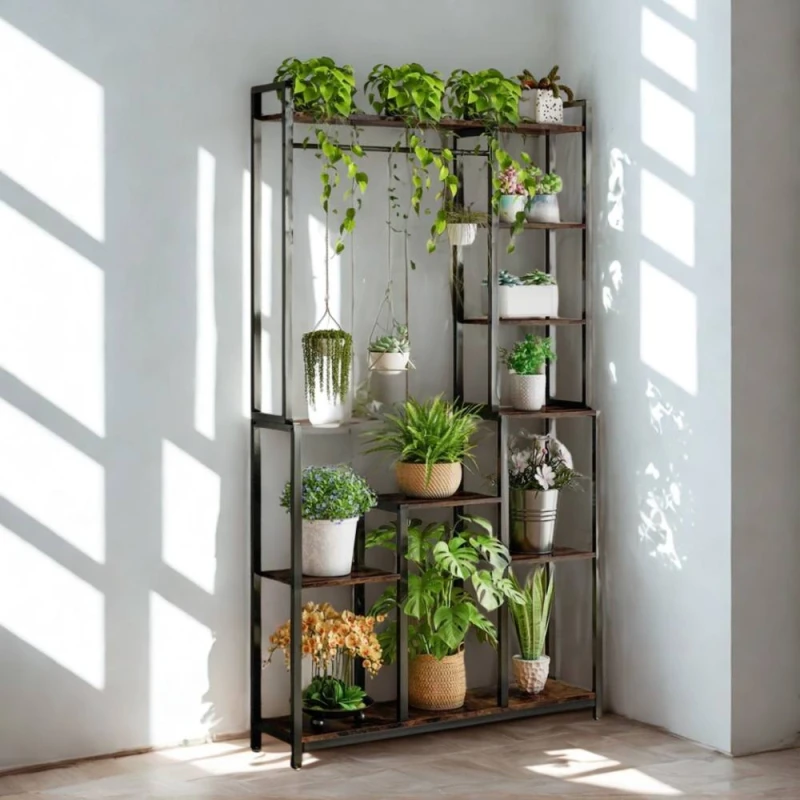 Image of FURNOS Large Industrial Metal Plant Stand With Storage Shelves in Black Unisex