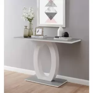 Image of Furniturebox Giovani Rectangular White High Gloss Console Table with Grey Glass Top and Unique Halo Structural Plinth Base Design
