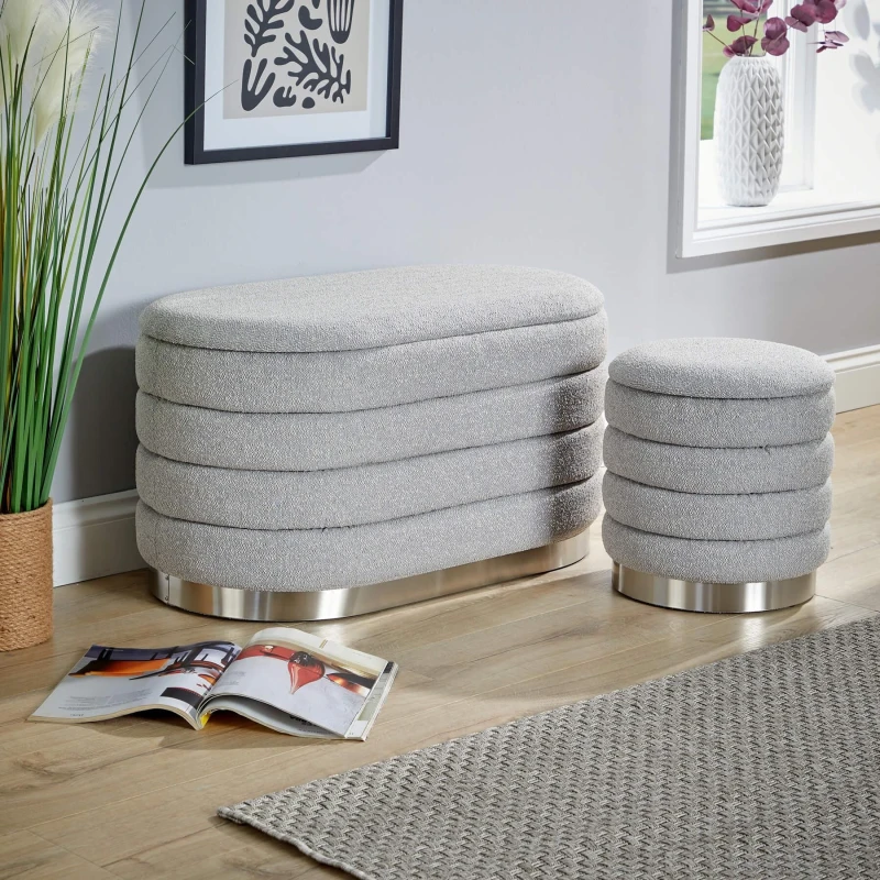 Image of Home Source Cake Set Of 2 Grey Boucle Storage Ottomans