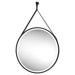 Image of Edmonton Colour Changing Matt Black LED Hanging Mirror with Leather Strap - 800mm