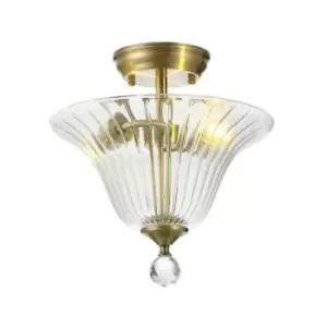 Image of Luminosa Talisa 2 Light Semi Flush Ceiling Lamp E27 With Bell 30cm Glass Shade Antique Brass, Clear