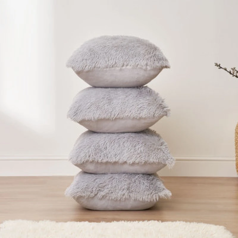 Image of OHS OHS Set of 4 Fluffy Shaggy Filled Cushion with Cover Square in Silver Size: 45cm x 45cm Silver 45cm x 45cm Unisex 5027434174492