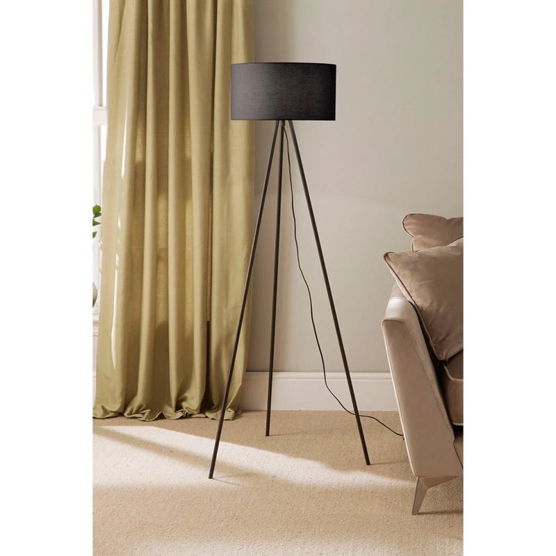 Image of K Living Modern Black Metal Tripod Floor Lamp With Cotton Fabric Lampshade In Black