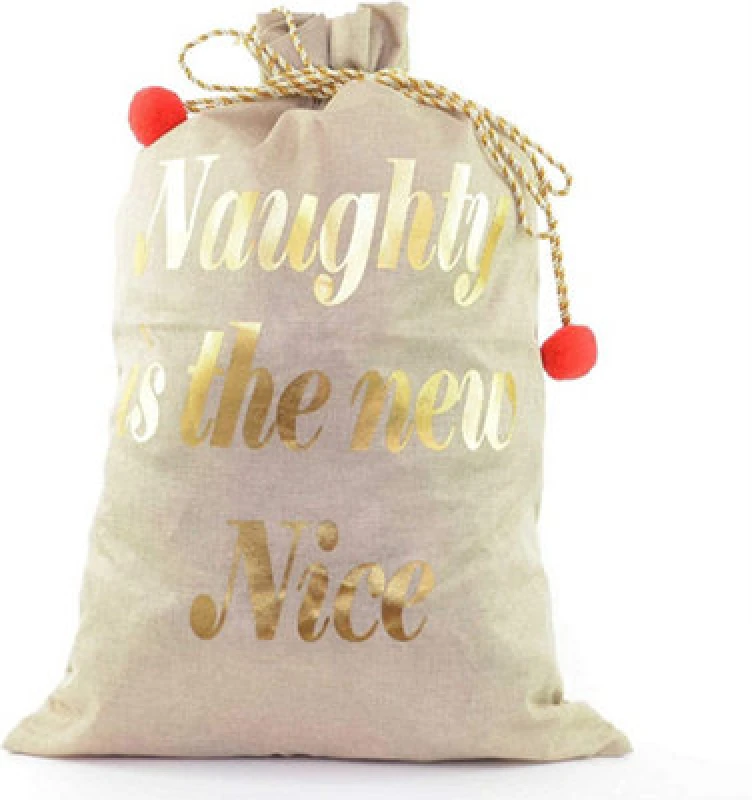 Image of Shatchi Large Premium Hessian Santa Sack Brown Stocking Bag Naughty Is The New Nice Christmas Accessories Xmas Christmas Gifts Bag 72X50Cm