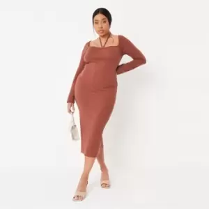 Image of Missguided Plus Tie Detail Rib Midaxi Bodycon Dress - Brown