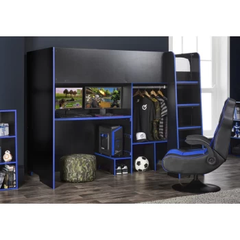 Image of Black /Blue Highsleeper Bed with Adjustable Desk-Top & Open Wardrobe - Black/Blue