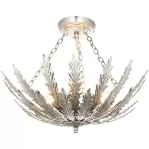 Image of Ornate Silver Flush Ceiling Light Decorative Leaf Design Dimmable 3 Bulb Pendant