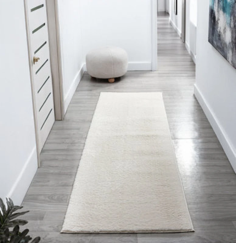 Image of Comfy Washable Low Pile Living Room Area Rug - Anti Slip Felt Backing Cream 60Cm X 200Cm