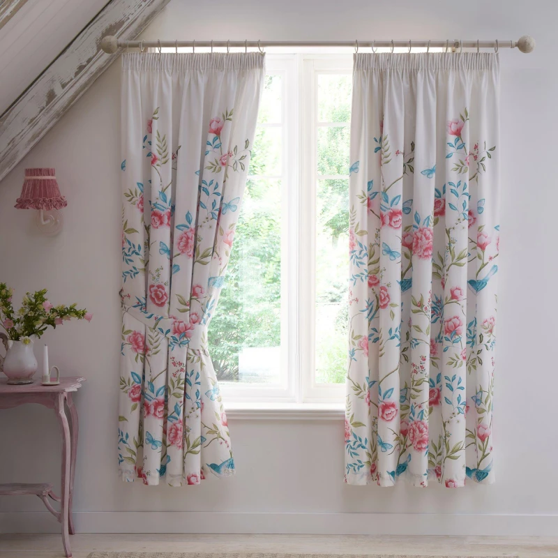 Image of Dreams & Drapes 'Amelle' Floral Print Pair of Pencil Pleat Curtains With Tie-Backs Blue