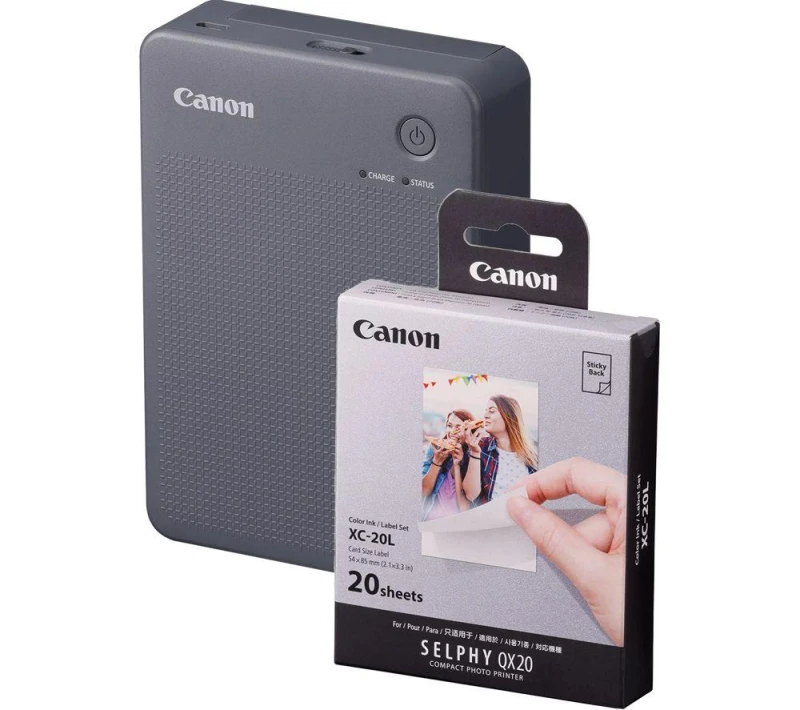 Image of Canon SELPHY QX20 Portable Colour Photo Wireless Printer & XC-20L 54 x 85mm Photo Paper & Ink Set - Dark Grey, 20 Sheets, Silver/Grey 5055189045637