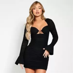 Image of I Saw It First Mesh Long Sleeve Ruched Detail Bodycon Dress - Black