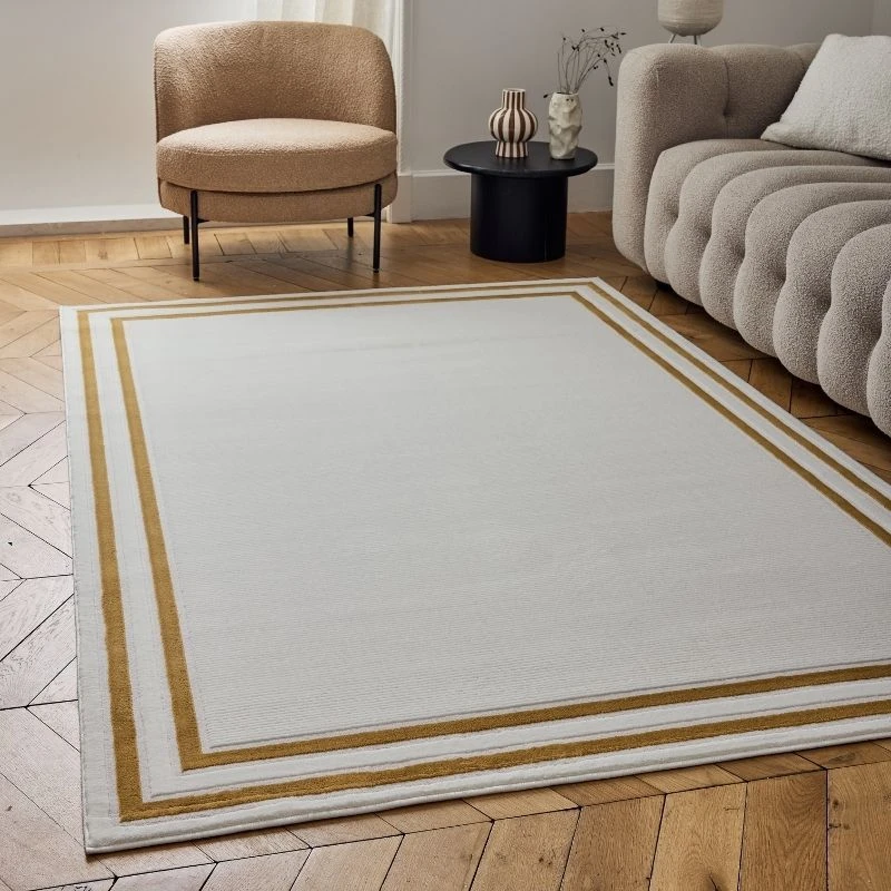 Image of THE RUGS Carmel Modern Area Rugs & Runners Bordered Design Soft Pile in Gold Size: 80cm x 150cm Gold Unisex 80cm x 150 cm
