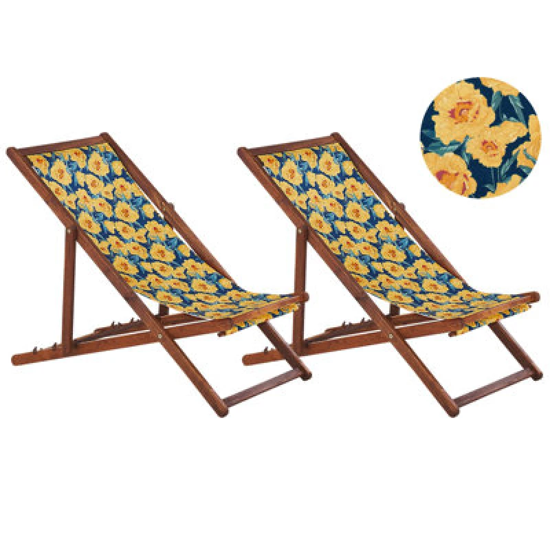 Image of BELIANI Beliani - Set of 2 Folding Deck Chairs Sun Loungers Dark Acacia / Floral Pattern Anzio 311678