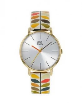 Image of Orla Kiely Orla Kiely Silver Sunray Dial Multi Colour Stem Print Leather Strap Watch