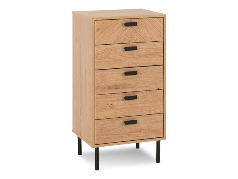 Image of Seconique Leon Oak 5 Drawer Tall Narrow Chest of Drawers