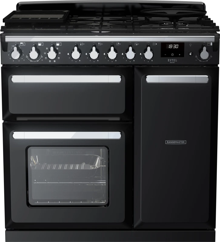 Image of Rangemaster Estel Deluxe ESDL90DFPGBL/CM1 90cm Dual Fuel Range Cooker - Black / Chrome - A/A Rated