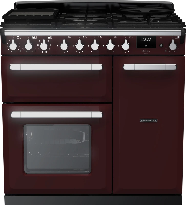 Image of Rangemaster Estel Deluxe ESDL90DFPBOR/CM1 90cm Dual Fuel Range Cooker - Bordeaux / Chrome - A/A Rated