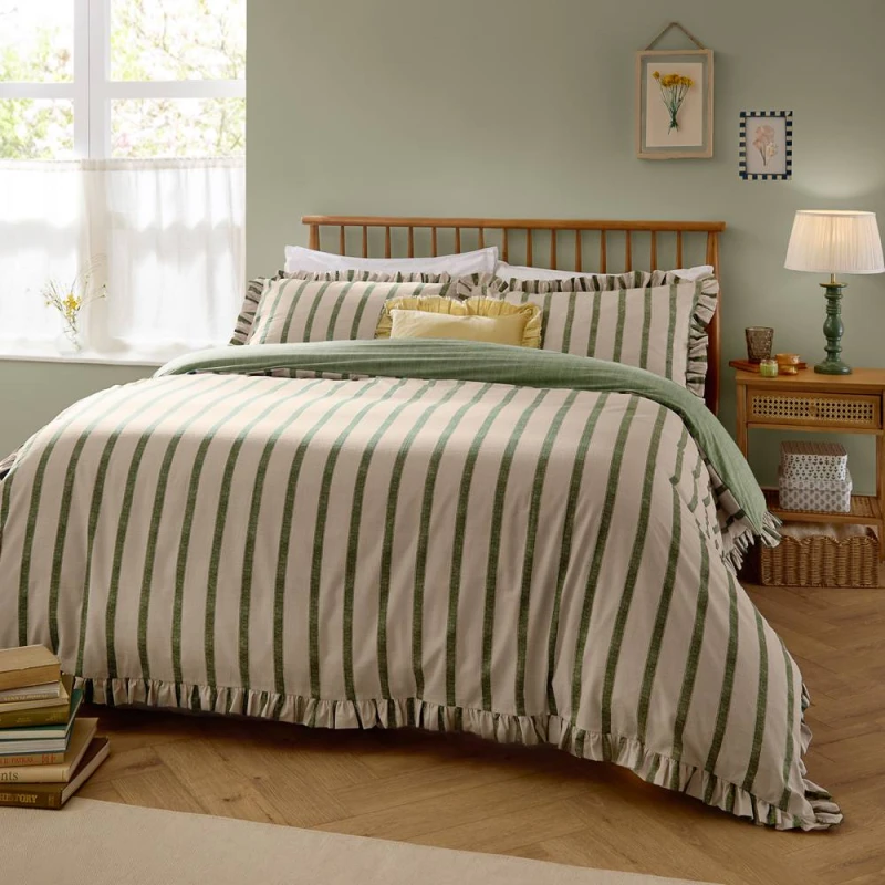 Image of Wylder Connie Striped Ruffle Duvet Cover Set in Green Size: King Green Unisex King