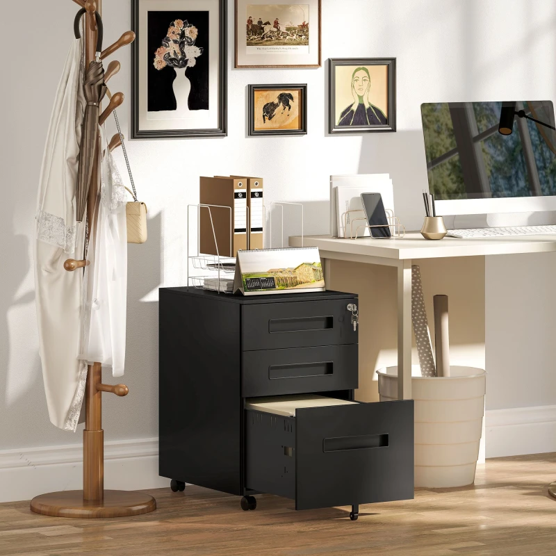 Image of VINSETTO Lockable Mobile Filing Cabinet w/ 3 Drawers 39 x 48 x 60cm Black Black
