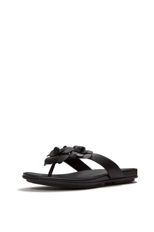 Image of FitFlop Womens Gracie Flower Flip-Flops in Black Size: 6 Black Female 6