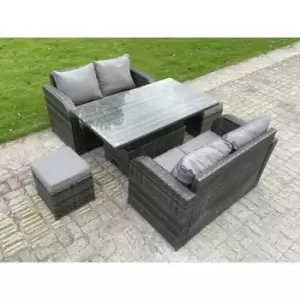Image of Fimous 4 Seater Outdoor Dark Grey Rattan Lounge Complete Sofa Set with Adjustable Dining Table and Stool