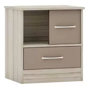 Image of Seconique Nevada Sliding Door Bedside - Oyster Gloss/Light Oak Effect Veneer