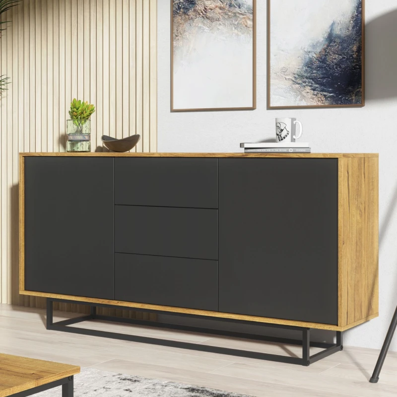 Image of Creative Furniture Vista Loft Sideboard 140cm - Industrial Storage with Rustic, Oak & Black Matt Doors Multi