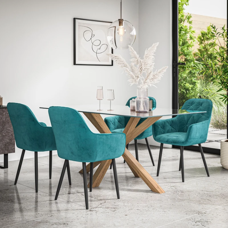 Image of More4Homes Etta Glass Dining Table And Chairs - Glass Top W Solid Oak Legs + Anika Velvet Dining Chair Set Of 4 (Blue)