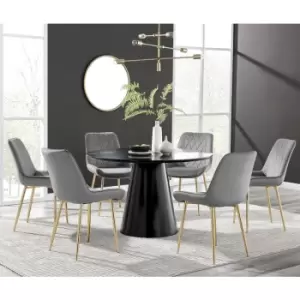 Image of Furniturebox Palma Black Semi Gloss 120cm Round Minimalist Dining Table & 6 Grey Pesaro Gold Leg Chairs