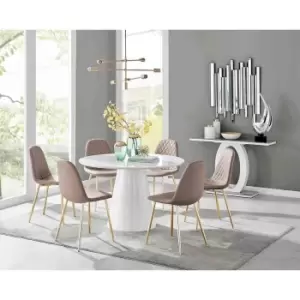 Image of Furniture Box Palma White High Gloss Round Dining Table and 6 Cappuccino Corona Gold Leg Chairs