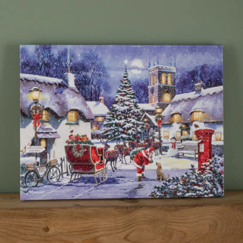 Image of Samuel Alexander 40 x 30cm Snowtime Touch Operated Santa And Village Christmas Fibre Optic Wall Canvas Multi