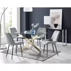 Image of Furniturebox Leonardo 120cm Modern Glass And Gold Metal Leg Dining Table And 4 Elephant Grey Pesaro Velvet Black Leg Dining Chairs