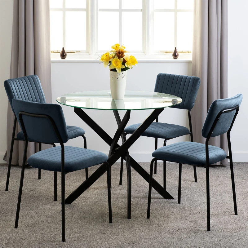 Image of Seconique Sheldon Round Glass Top Dining Set - Navy Blue Chairs