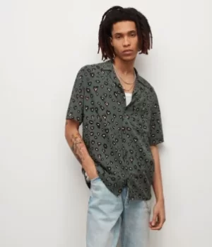 Image of AllSaints Mens Romansu Heart Leopard Shirt, Washed Black, Size: S