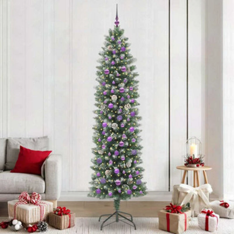 Image of vidaXL Artificial Slim Christmas Tree with Lilac Balls Green and white 240 cm, Green 3395323