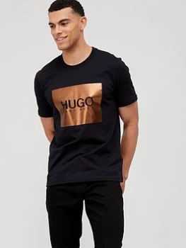 Image of HUGO Dolive Metallic Logo T-Shirt - Black, Size L, Men