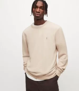 Image of AllSaints Mens Raven Crew Sweatshirt, Sand Taupe, Size: XL