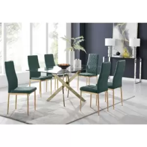 Image of Furniturebox UK - Furniturebox Leonardo 6 Gold Leg Glass Dining Table and 6 Green Milan Velvet Dining Chairs With Gold Legs Diamond Stitch Modern