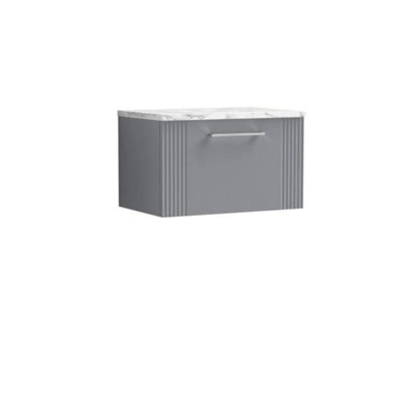 Image of Nuie Deco Wall Hung 1-Drawer Vanity Unit & Bellato Grey Laminate Worktop, Counter Top Vanity Unit In Satin Grey, 600mm