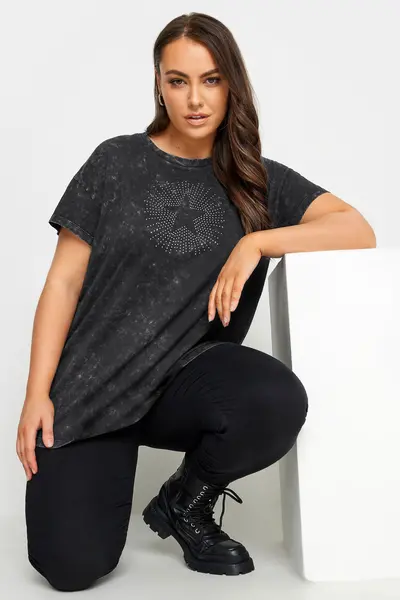 Image of Yours Star Stud Acid Wash T-Shirt Charcoal