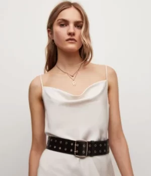 Image of AllSaints Womens Layla Leather Eyelet Belt, Black/warm Brass, Size: M/L