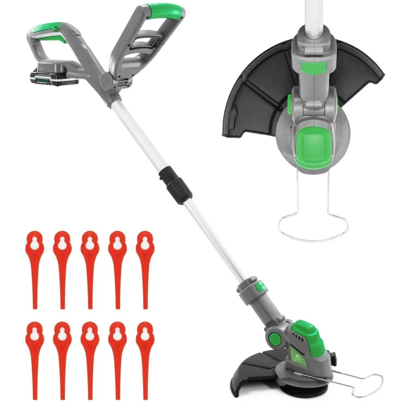 Image of Gracious Gardens 18V Cordless Strimmer, Lightweight Grass Cutter, 10 Blades, Includes 1 Battery & 1 Charger Green